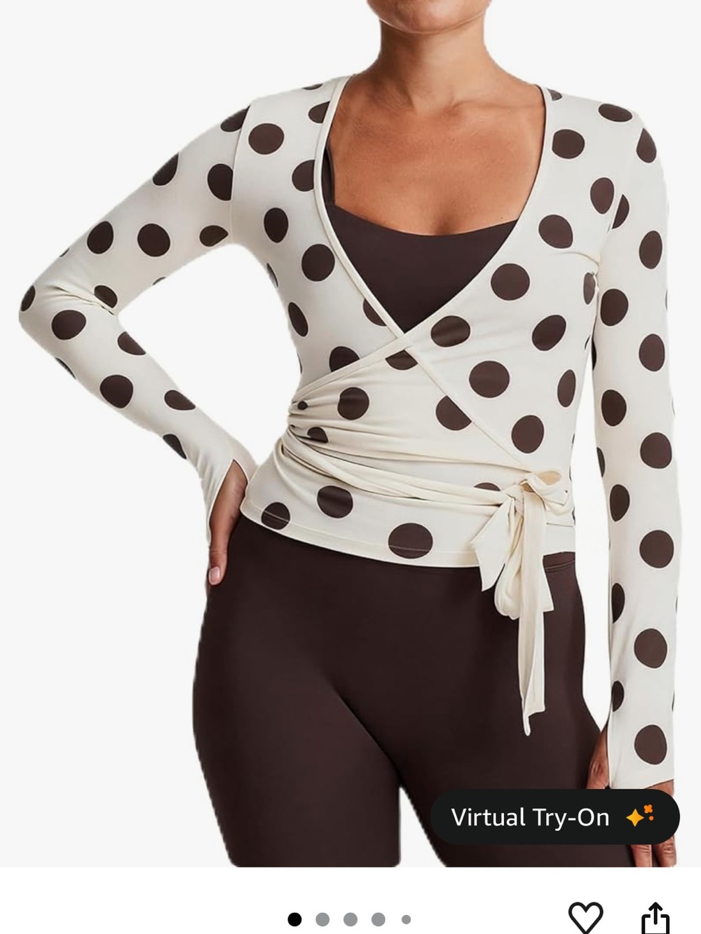 Polka Dot Tie-Front Crop Top - Cream with Brown Dots